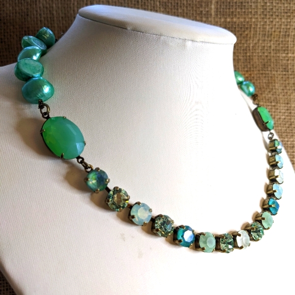 Mint Green Opal Swarovski Crystal and Baroque Pearl Statement Necklace in Brass - Picture 4 of 9
